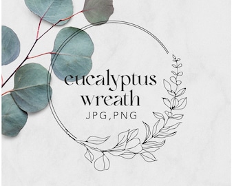 greenery wreath eucalyptus, eucalyptus clipart, Eucalyptus PNG,JPG, botanical drawing, green wreath, digital download, eucalyptus leaves