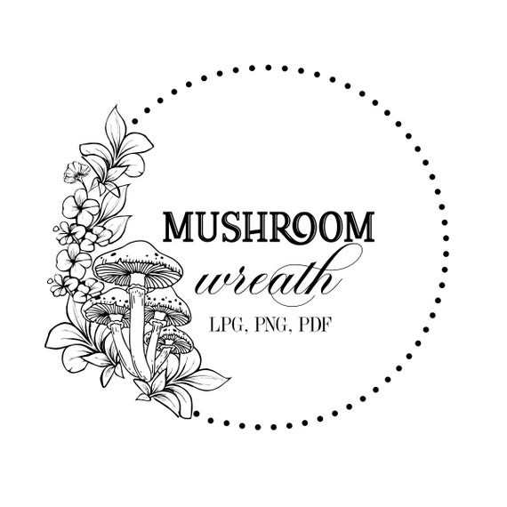 Mushroom wreath clip art, home decor frame, botanical illustration, Black and White Mushroom Clip Art, PNG, Hand Drawn Wreath, Clip Art