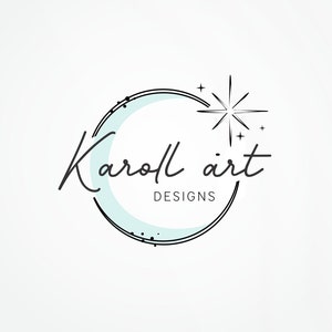 May include: A logo featuring the text "Karoll art" in a handwritten style, with "DESIGNS" below. The design includes a crescent moon shape in light blue, encircled by a black outline, and a starburst element.
