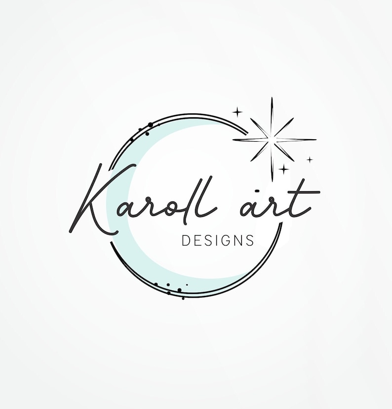 May include: A logo featuring the text "Karoll art" in a handwritten style, with "DESIGNS" below. The design includes a crescent moon shape in light blue, encircled by a black outline, and a starburst element.