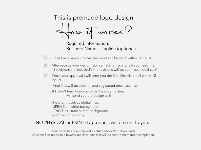 以下が含まれることがあります： 「How it works?」というタイトルが付いた、既製のロゴデザインの情報シート。手順が番号で示されています。プロセス、修正、最終ファイルの電子メール配信について説明しています。デジタルファイルのみが提供されます。