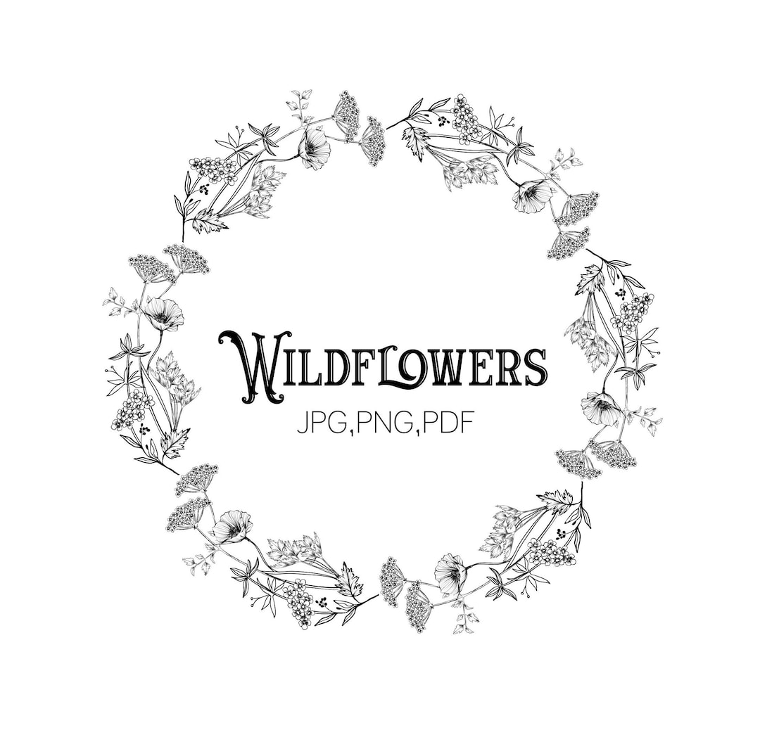 Wildflowers Wreath, Floral Illustration, Hand Drawn Line Art Clipart