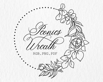 Peony wreath, Peonies botanical frame PNG JPG, flower Clipart, flower illustration, wedding invitation, digital download, Peony Line Art
