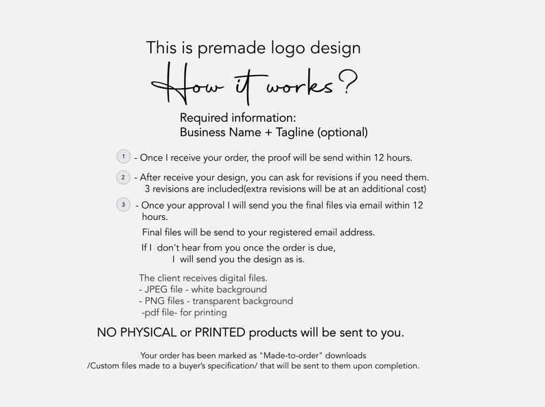 Puede incluir: Una hoja informativa de dise&ntilde;o de logotipo prefabricado con el t&iacute;tulo "How it works?" con pasos numerados que detallan el proceso. El texto explica las revisiones, la entrega del archivo final y los tipos de archivo como JPEG y PNG. No se env&iacute;an productos f&iacute;sicos.