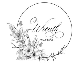 marco de círculo de dibujo floral a mano, imágenes prediseñadas botánicas, ilustración de línea fina de ramas, flor de lirio, flores silvestres botánicas Descargar PNG