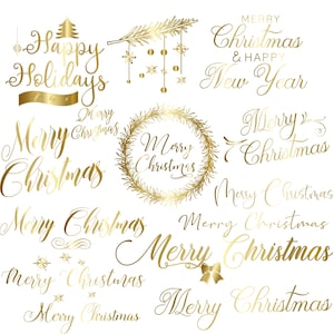 Overlay Christmas Text, Digital Gold Christmas PNG, Christmas clip art, Merry Christmas wording, Typographic art,