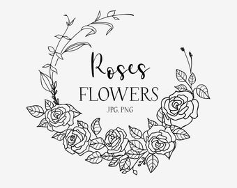 Imágenes prediseñadas de flores de rosas, ilustración de rosas, imágenes prediseñadas de arte lineal, ilustración de corona botánica, flores de boda, ramo de rosas vintage