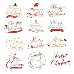 Könnte beinhalten: Eine Sammlung von Textdesigns zum Thema Weihnachten und Feiertage in Rot, Gold und Grün. Die Phrasen umfassen "Frohe Feiertage", "Frohe Weihnachten" und "Frohes Weihnachtsfest & ein glückliches neues Jahr" mit dekorativen Elementen.
