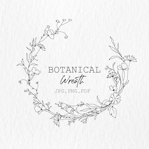 Botanischer Kranz PNG, Wildblumen Illustration, botanische Clipart, handgezeichnete Linie Kunst Clipart, Blumenkunst, digitaler Download