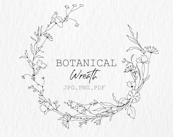 Botanical hand drawn wreath PNG, wild flower illustration, botanical clipart, hand drawn line art clipart, floral art, digital download