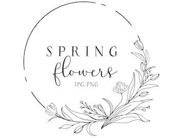 Imágenes prediseñadas de flores de primavera, arte de línea floral, diseño de imágenes prediseñadas botánicas, PNG, ilustración dibujada a mano, descarga instantánea