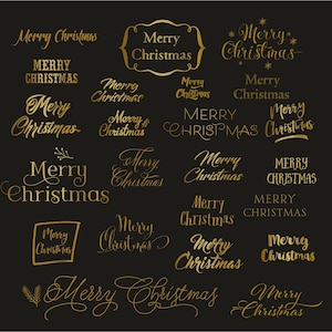 Könnte beinhalten: Eine Sammlung goldfarbener "Merry Christmas"-Textdesigns in verschiedenen Schriftarten und Stilen, vor einem dunklen Hintergrund. Die Designs umfassen Schreibschrift, Blockbuchstaben und dekorative Elemente.