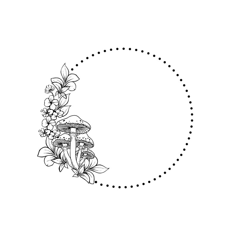 May include: A monochrome illustration of a circular design. The design includes mushrooms, leaves, and flowers on the left, with a dotted circle forming a border. The image is set against a white background, creating a clean aesthetic.