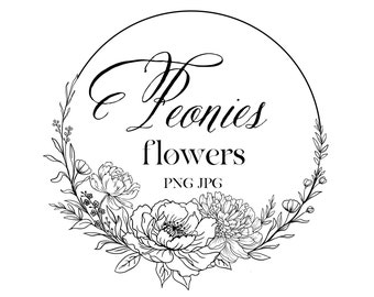 Clip art de flores de peonías, arte floral de corona de peonías, descarga digital, descarga instantánea, dibujo lineal de flores png, boda