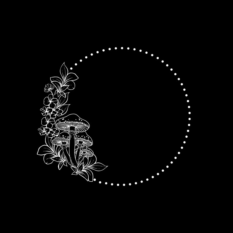 May include: A black and white illustration of mushrooms and flowers arranged in a semi-circular design. A dotted line completes the circle. The artwork has a botanical and whimsical theme, with a clean, minimalist aesthetic.