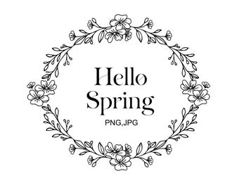 Hola imágenes prediseñadas de flores de primavera, arte de línea floral, diseño de imágenes prediseñadas botánicas, PNG, ilustración dibujada a mano, descarga instantánea