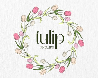 Spring floral wreath clip art, Tulip Wreath Clipart png, botanical illustration, spring frame, wedding invitation