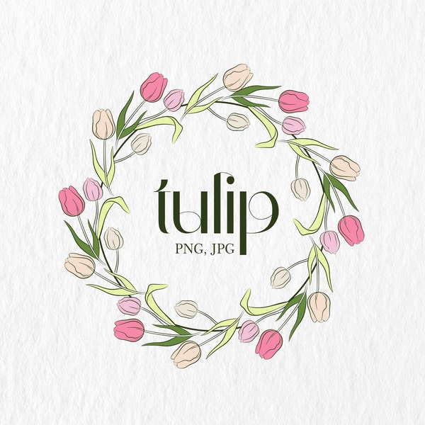 Spring floral wreath clip art, Tulip Wreath Clipart png, botanical illustration, spring frame, wedding invitation