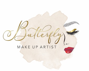 May include: A logo for a makeup artist features the word "Butterfly" in gold script over the words "MAKE UP ARTIST". A watercolor-style beige background is behind the text and a partial illustration of a face with red lips and gold eyelashes.