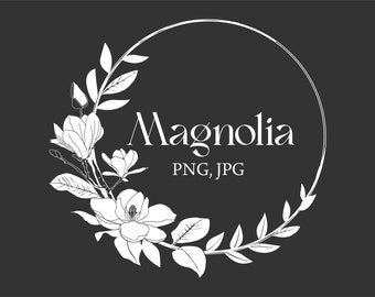 Flower Art, Magnolia clipart, Pink magnolia flower, magnolia branches, clipart with magnolia flowers, magnolia flowers drawing with branches