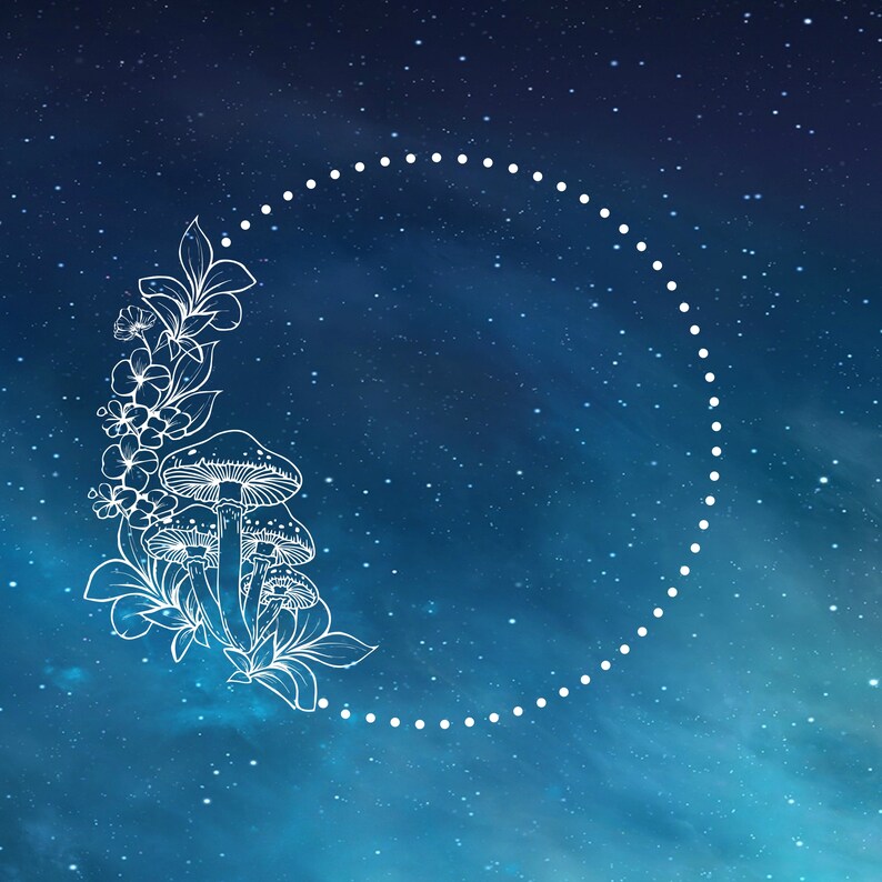 May include: A white line art illustration of mushrooms and flowers, forming a crescent shape, set against a dark blue starry background. A dotted circle frames the design, creating a celestial and whimsical aesthetic.
