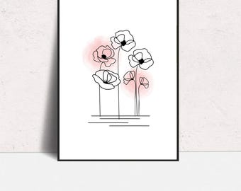 Arte lineal, Póster botánico, Arte mural minimalista, Digital, Descargas instantáneas, Dibujo de flor de amapola, PDF