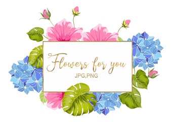 Imágenes prediseñadas de flores de hortensia, imágenes prediseñadas de marco de flores, imágenes prediseñadas PNG de boda, descarga instantánea, imágenes prediseñadas de ramo floral, paquete de imágenes prediseñadas azul rosa