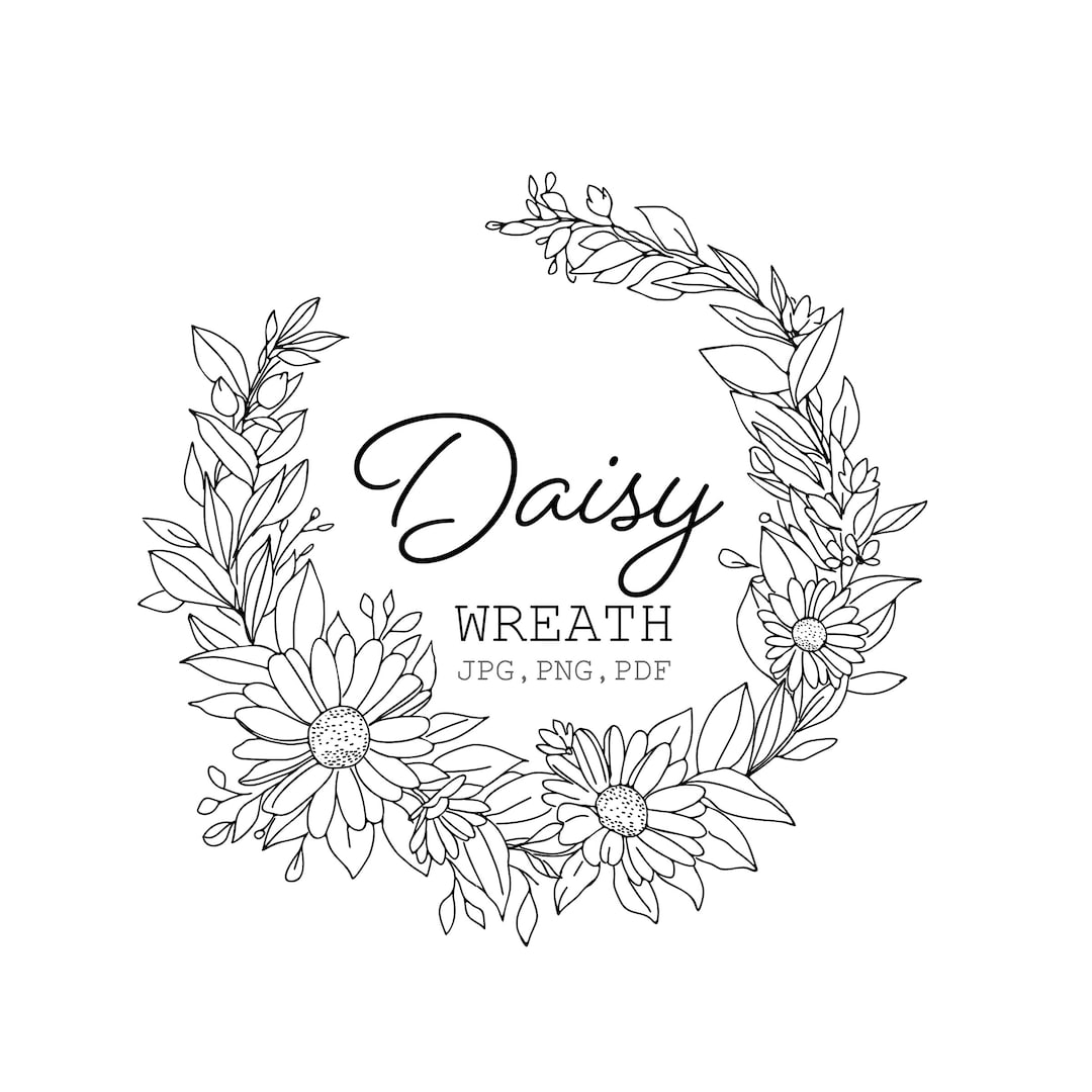 Daisies Wreath, Daisy Hand Drawing Illustration, Botanical Clipart, Digital Download, Instant
