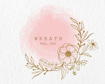Dibujado a mano botánico, corona floral Clipart PNG, corona de flores de acuarela, ilustración de corona, imágenes prediseñadas de hojas, arte floral, ramas doradas