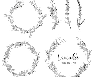 Imágenes prediseñadas de corona de lavanda, ilustración de lavanda, imágenes prediseñadas de lavanda PNG, imágenes prediseñadas de marco de flores, conjunto de lavanda, PDF