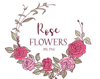 Imágenes prediseñadas de flores de rosa, ilustración de rosas rojas, clip art de rosa rosa, ilustración de corona botánica, flores de boda, ramo de rosas vintage