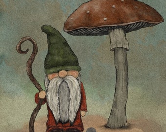 Introvert Gnome - Fine Art Print - Watercolor - Painting - Whimsical - Gnome