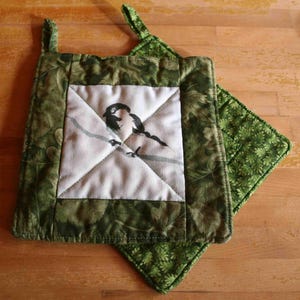 Pair of Potholders--Patchwork Goodies--Art Drawing Chickadee--Handmade, Quilted--6 1/2" Square-- Shipping Included
