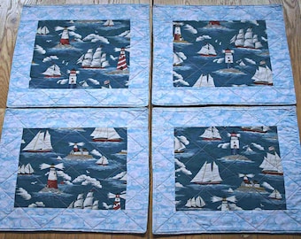 Set of 4  Placemats: Patchwork Goodies, Handmade Quilted--Sailings and Lighthouses/Blueberries Other  Side--12" x 14 1/2"--Shipping Included
