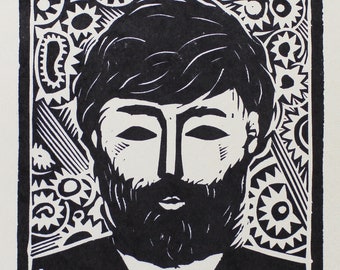 vintage linocut 1970 by Petr Sytnik, male portrait,  man with the beard, Ukraine professional art Original