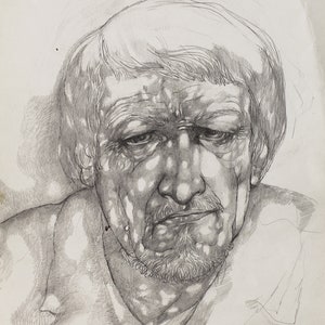 Male portrait, Vintage drawing with graphite, 1980, Old man, Grandfather, Ukraine professional art, original
