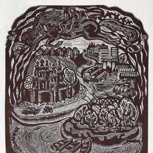 Beautiful Vintage 1970s linocut, The city Novomoskovsk, plants and animals, Samara River, Trinity Cathedral, USSR Ukrainian professional art