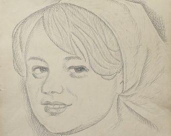 Great Vintage female portrait pen ink 1972 girl socialist realism USSR Ukraine professional art