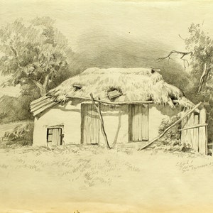 Schöne Vintage Zeichnung Grafit ukrainischen Dorf, ländliche Landschaft, 1983 Ukraine professionelle Kunst, Original