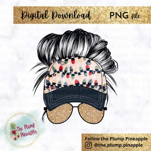 May include: A digital download of a graphic design featuring a woman with a messy bun wearing a black and white baseball cap with a Christmas lights pattern. The cap has a black brim and a gold glitter visor. The woman is also wearing gold glitter sunglasses.
