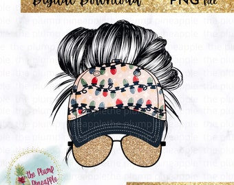 Christmas Lights Messy Bun Baseball Hat Glitter Aviator Sunglasses PNG Sublimation Digital Download