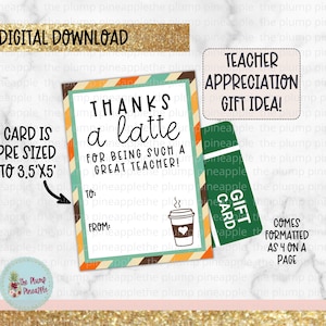 Thanks a latte for being such a great Teacher Appreciation Teacher Gift Idea Digital Printable Tags