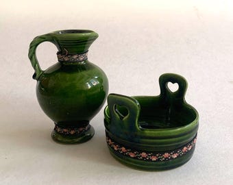 Mid Century Green Jug and Bowl Austrian Collectible Glazed Green Pottery For Home Decor Rare Artisan Pottery For Gift For Home Green Accents