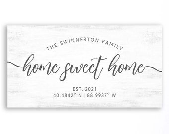 Home Sweet Home With Coordinates - Family Name & Established Date - Longitude and Latitude - Whimsical Farmhouse Wall Art Canvas Sign