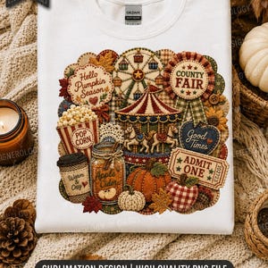 Fall County Fair PNG, Autumn Festival Sublimation Design, Pumpkin Apple Cider Shirt Graphic, Patchwork Embroidery Style PNG, POD