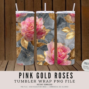 3D Pink Gold Roses Floral Tumbler Wrap | 20 oz Skinny Tumbler Sublimation Design | Instant Digital Download PNG | Commercial Use