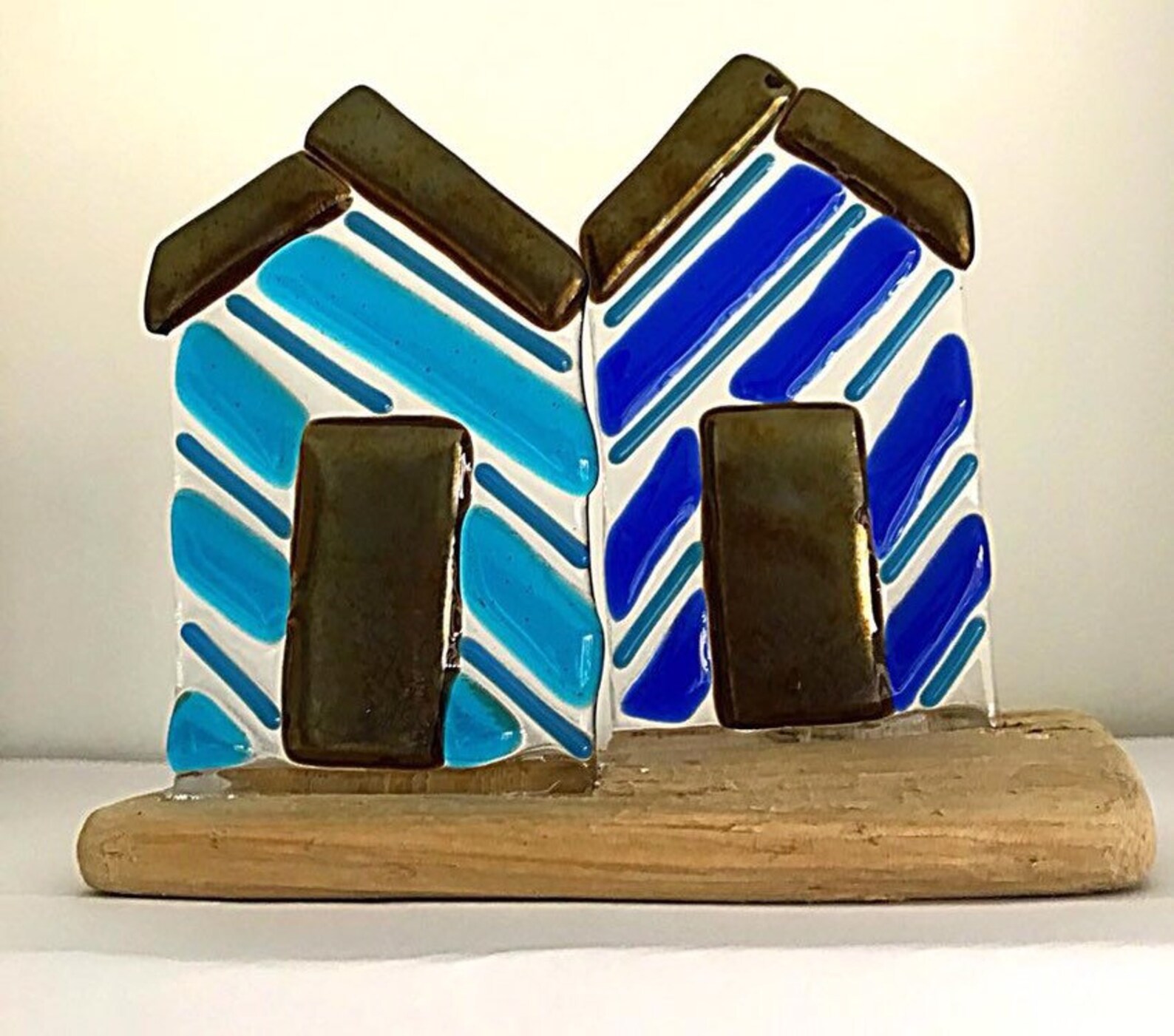 Fused glass beach huts on drift wood Etsy