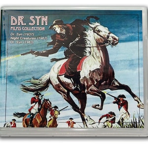 May include: A DVD case with a colorful illustration of a man on horseback riding through a field. The text on the case reads "DR. SYN FILMS COLLECTION" and lists the films "Dr. Syn (1937)", "Night Creatures (1962)", and "Dr. Syn (1963)".