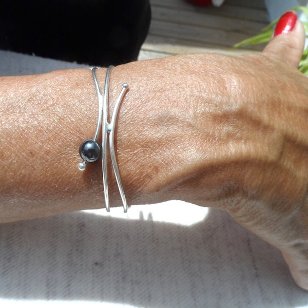 bracelet perle hématite, plaqué argent, ajustable