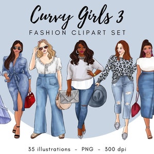 Curvy Girls 3 - Fashion Clipart Set watercolor, printable, fashion illustration clipart, instant download, fashion girls, logo, sublimation